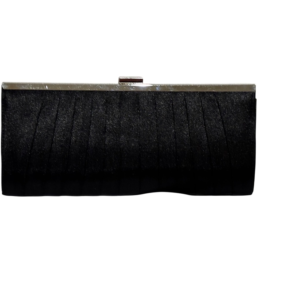 Style & Co Black Satin Pleated Evening Clutch Bag Silver Tone Hardware Clasp